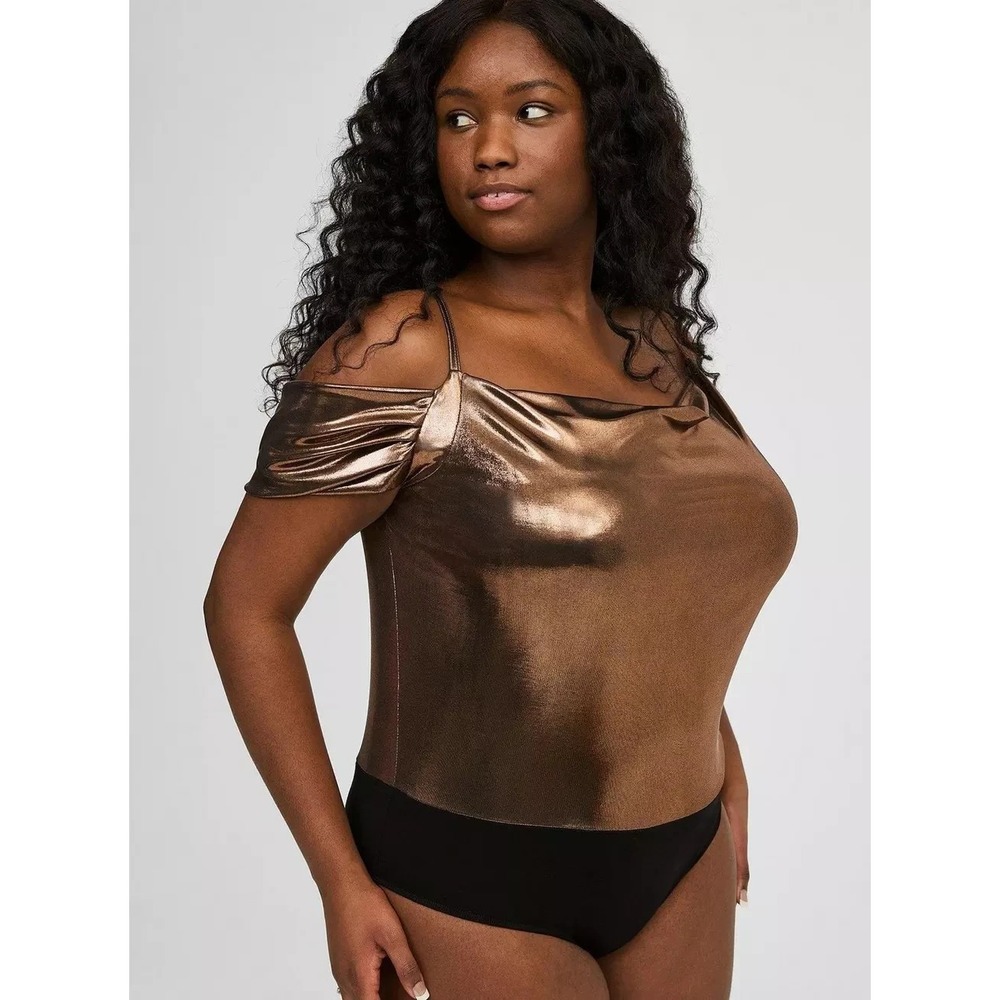 Torrid New Liquid Shine Metallic Bronze Cold-Shoulder Party Bodysuit Draped 18
